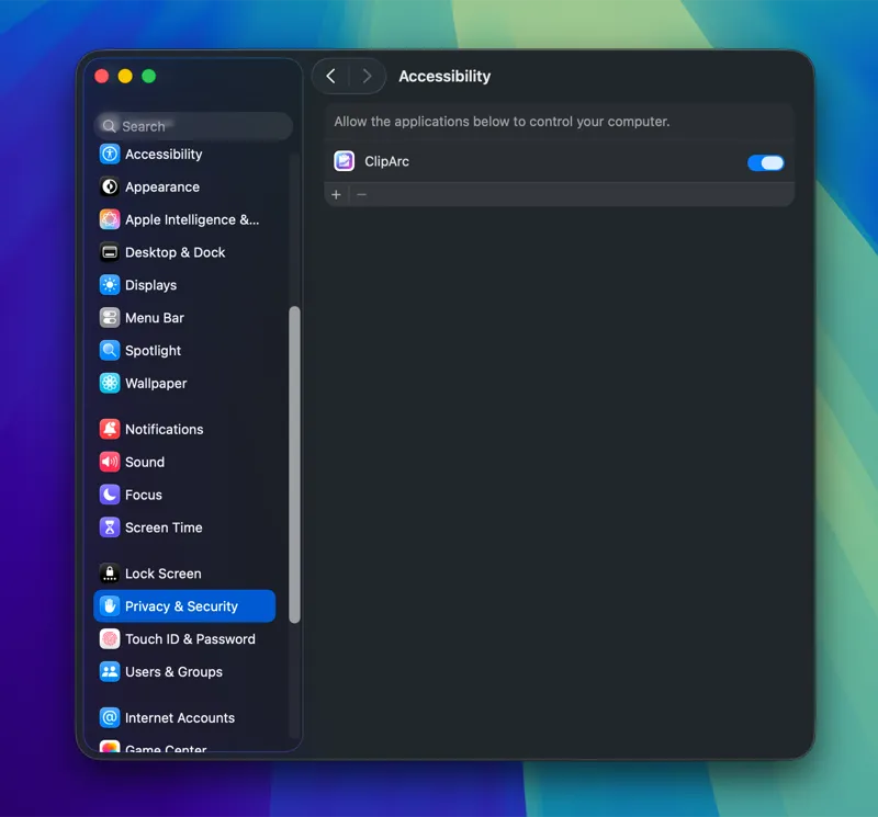 macOS Accessibility Settings showing ClipArc