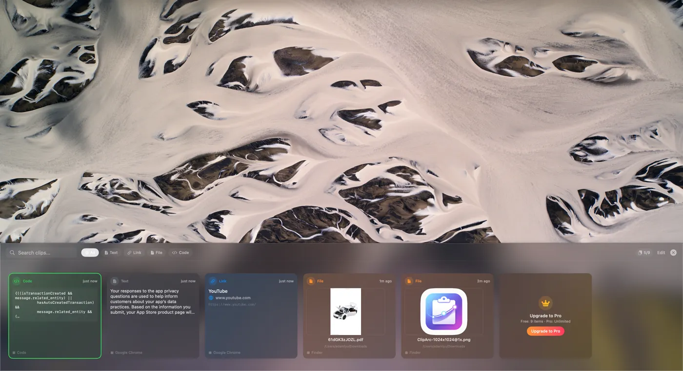 ClipArc showing clipboard history with different content types